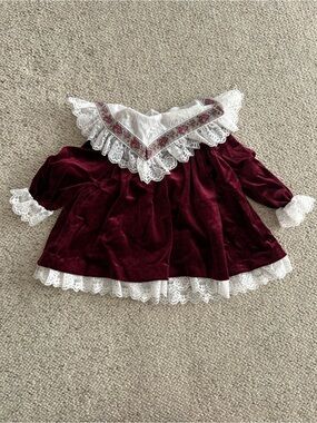 VINTAGE Harold Square Baby Burgundy Velvet Dress with White Lace and Floral Trim